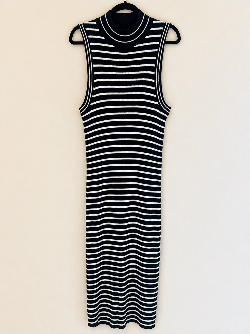 Michael Michael Kors Black White Striped Rib Knit Mock Neck Midi Dress Size L